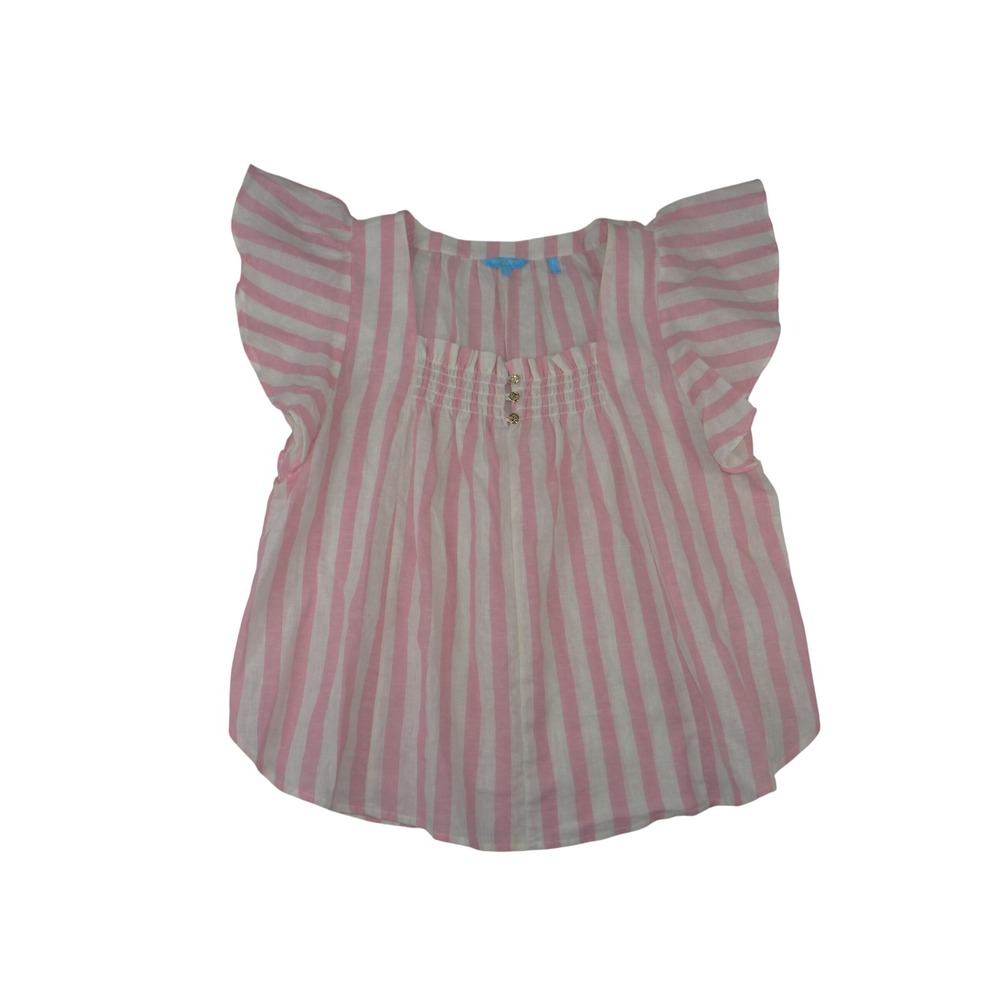 Draper James RSVP Pink White Striped Flutter Sleeve Smocked Blouse Large 4214